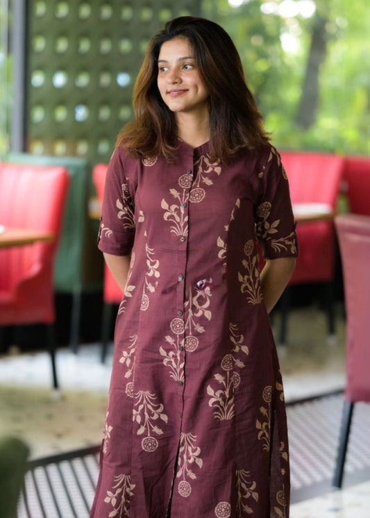 Women Cotton Brownish Maroon Kurta Pant set