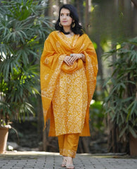 Women Cotton Yellow Kurta Pant with Dupatta Set