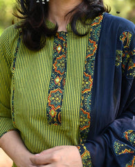 Women Green Ajrak Kurta Pant With Dupatta Set
