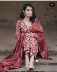 Women Cotton Red Kurta Pant with Dupatta Set