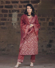 Women Cotton Red Kurta Pant with Dupatta Set