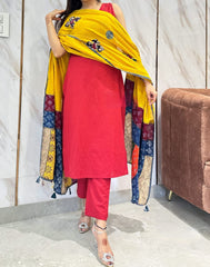 Women Cotton Red Sleeveless Kurta Pant and Dupatta set