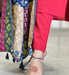 Women Cotton Red Sleeveless Kurta Pant and Dupatta set