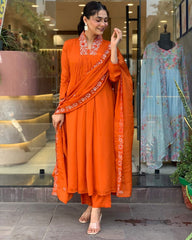 Women Cotton Orange Kurta Pant and Dupatta set
