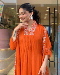 Women Cotton Orange Kurta Pant and Dupatta set