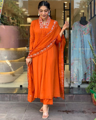 Women Cotton Orange Kurta Pant and Dupatta set
