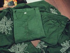 Women Cotton Green Kurta Pant and Dupatta set