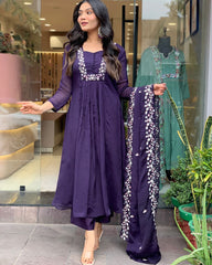 Women Purple Cotton Kurta Pant and Organza Dupatta set