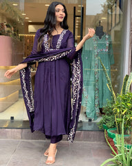Women Purple Cotton Kurta Pant and Organza Dupatta set