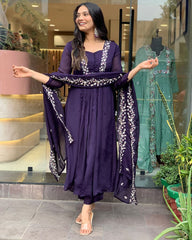 Women Purple Cotton Kurta Pant and Organza Dupatta set
