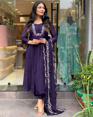 Women Purple Cotton Kurta Pant and Organza Dupatta set