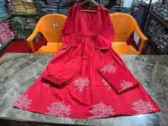 Women Cotton Red Kurta Pant and Dupatta set