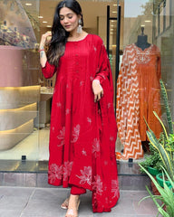 Women Cotton Red Kurta Pant and Dupatta set