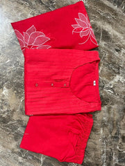 Women Cotton Red Kurta Pant and Dupatta set