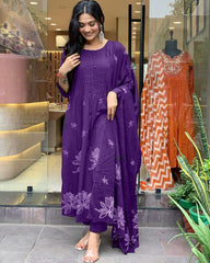 Women Cotton Purple Kurta Pant and Dupatta set