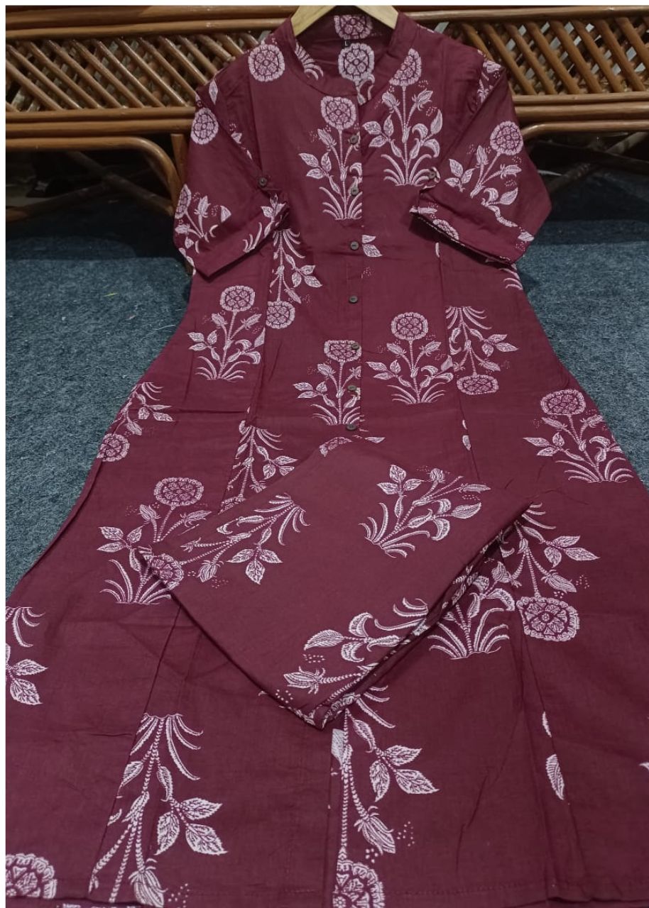 Women Cotton Brownish Maroon Kurta Pant set