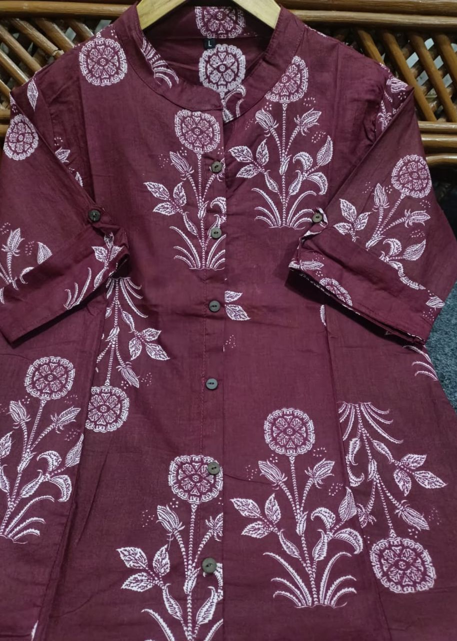 Women Cotton Brownish Maroon Kurta Pant set