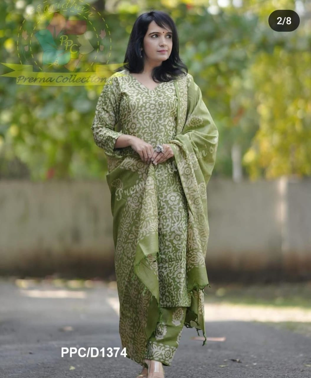 Women Cotton Green Kurta Pant with Dupatta Set