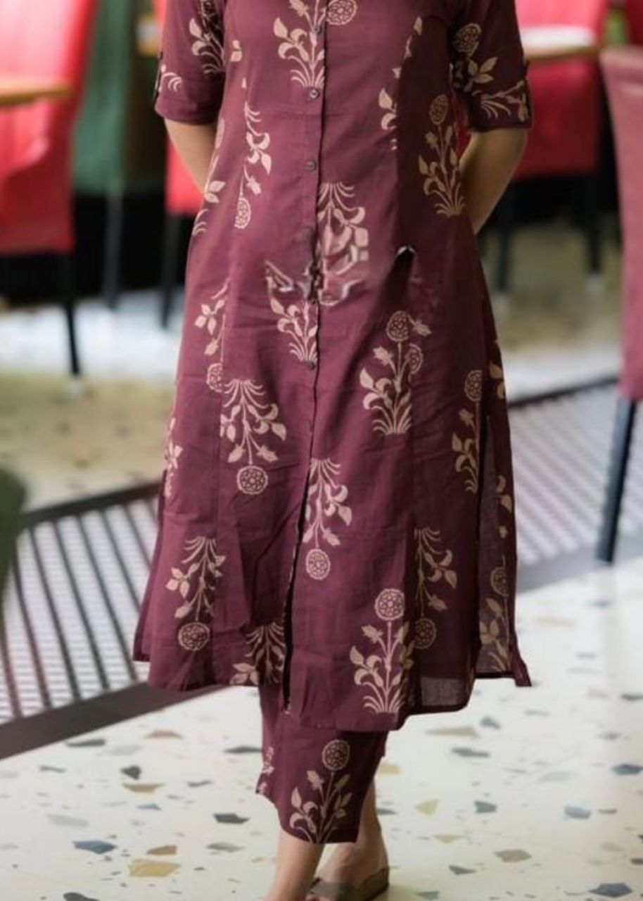 Women Cotton Brownish Maroon Kurta Pant set