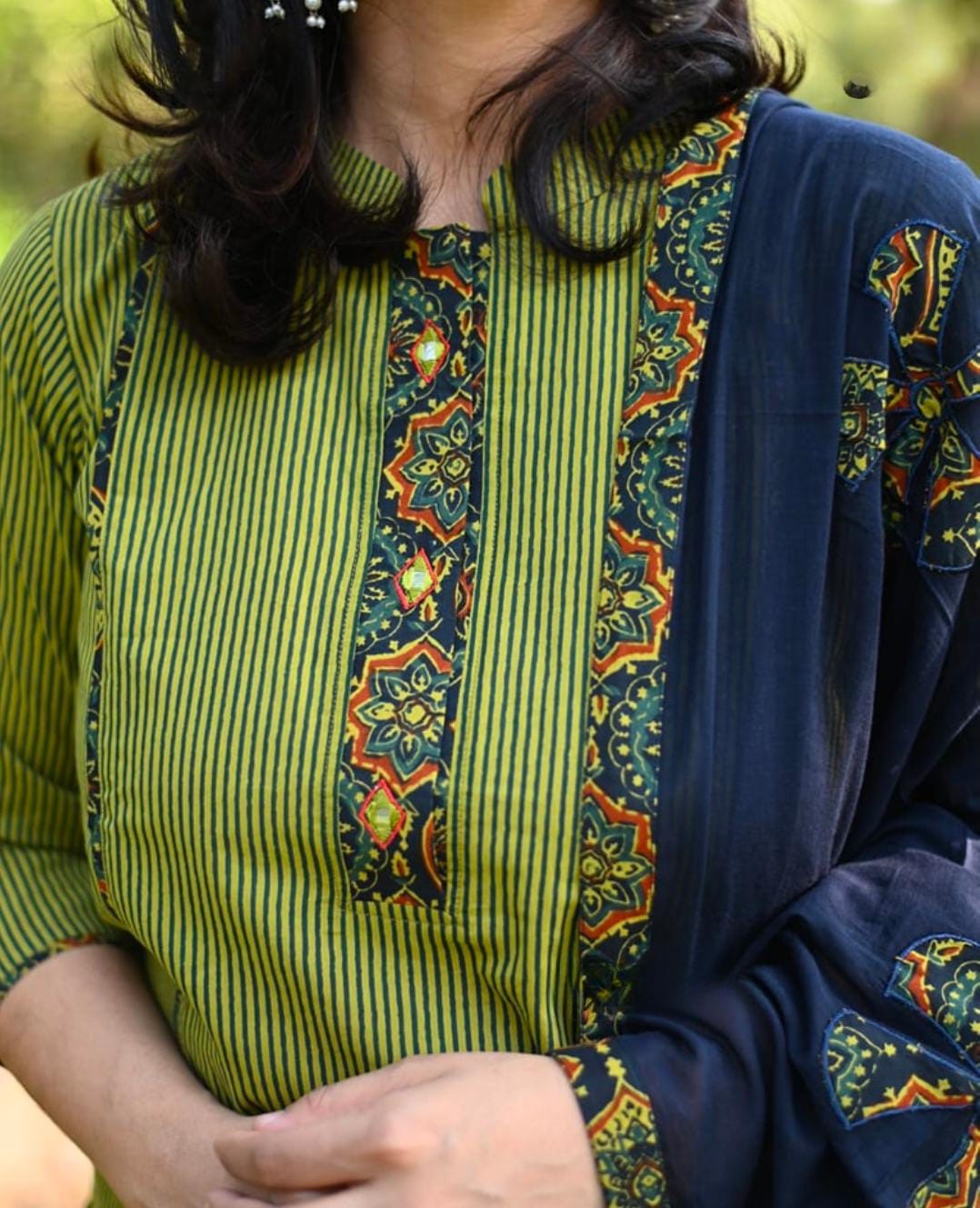 Women Green Ajrak Kurta Pant With Dupatta Set