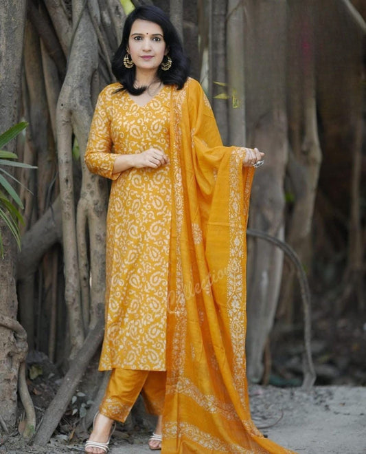 Women Cotton Yellow Kurta Pant with Dupatta Set