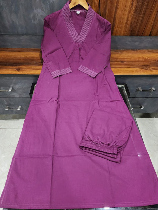Katha Work Purple Cotton Co-Ord Set