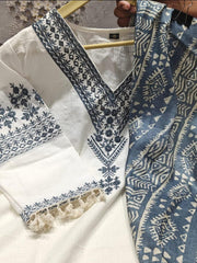 Women Katha Cotton Blue Kurta Pant and Dupatta set