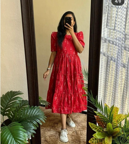Women Cotton Red Printed Middi Gown