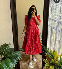 Women Cotton Red Printed Middi Gown