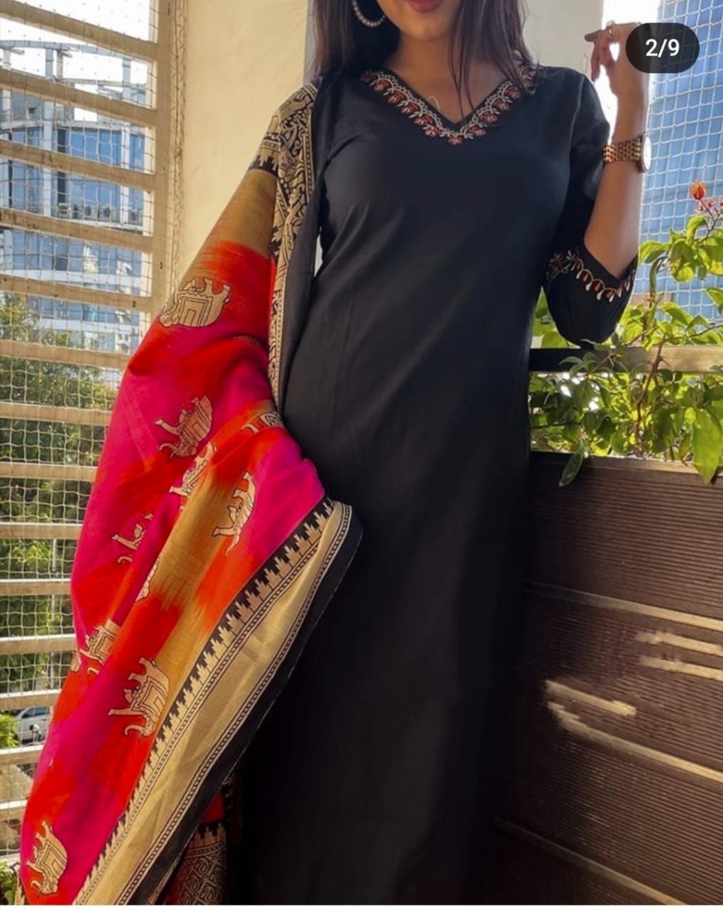 Women Handloom Cotton Black Kurta Pant and Dupatta set