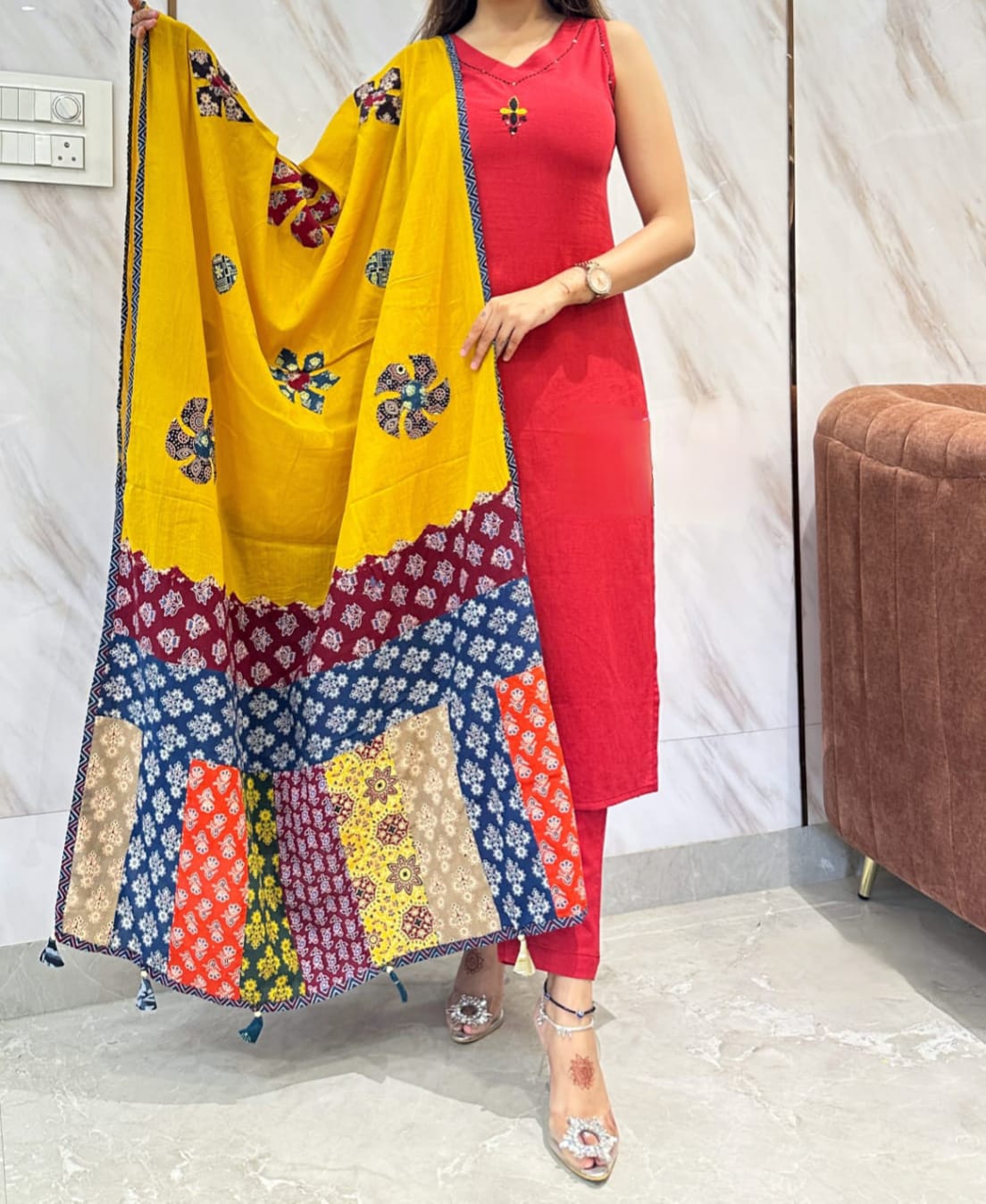 Women Cotton Red Sleeveless Kurta Pant and Dupatta set