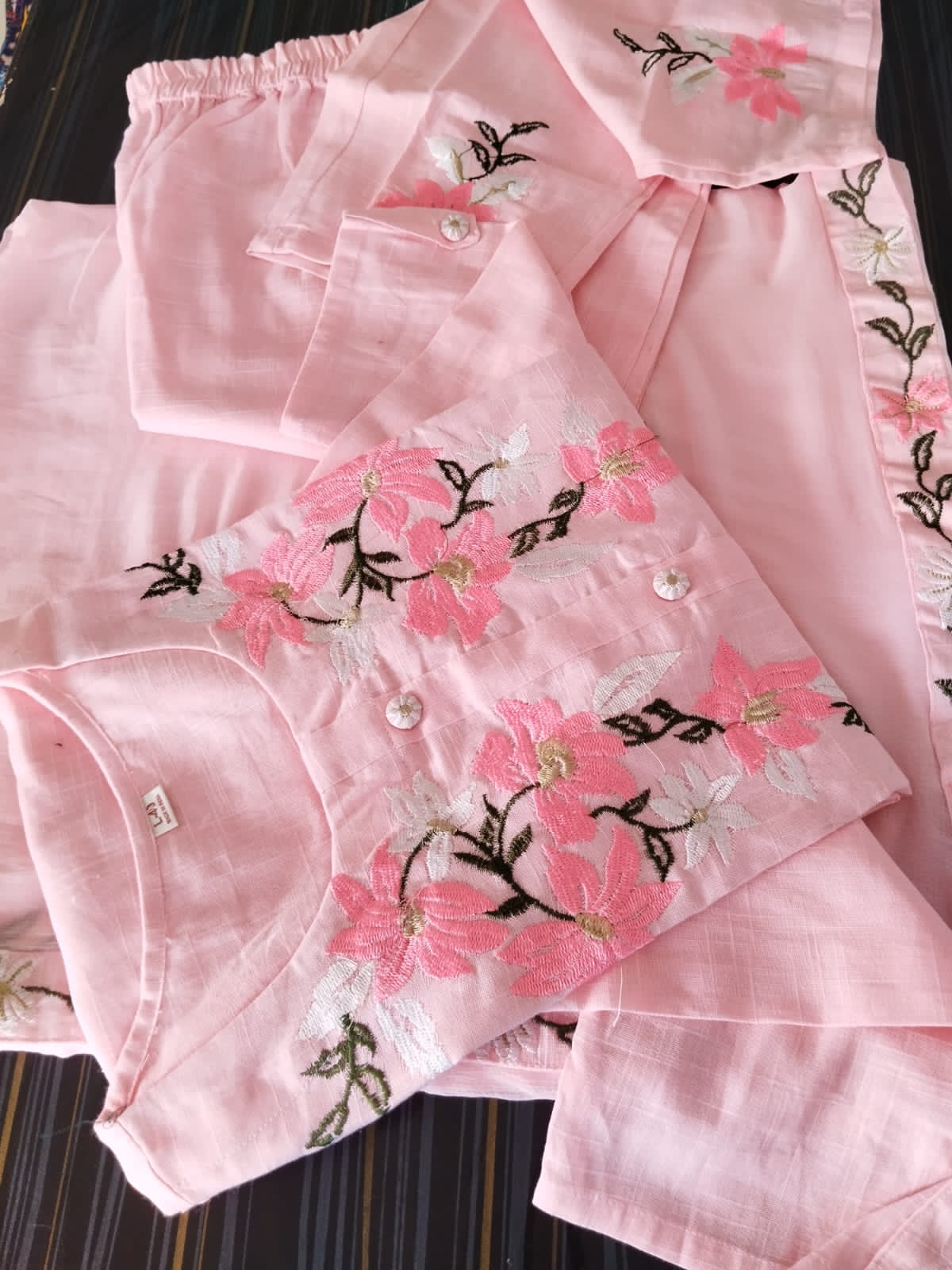 Women Pink Embroidery Yoke Cotton Kurta Pant and Dupatta set