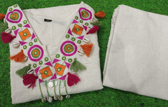 Women Off-White Embroidery Tussle Cotton Co-Ord set