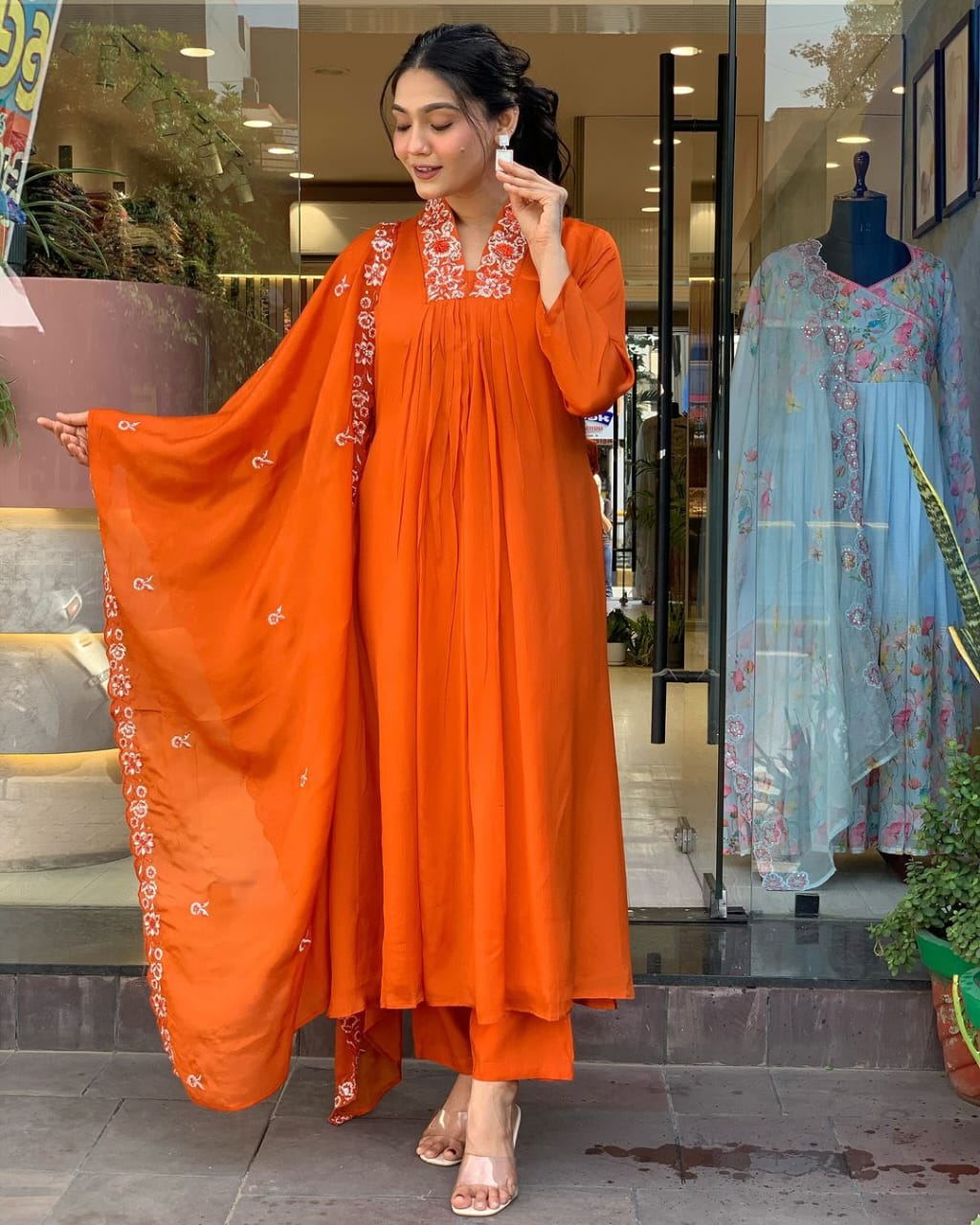 Women Cotton Orange Kurta Pant and Dupatta set