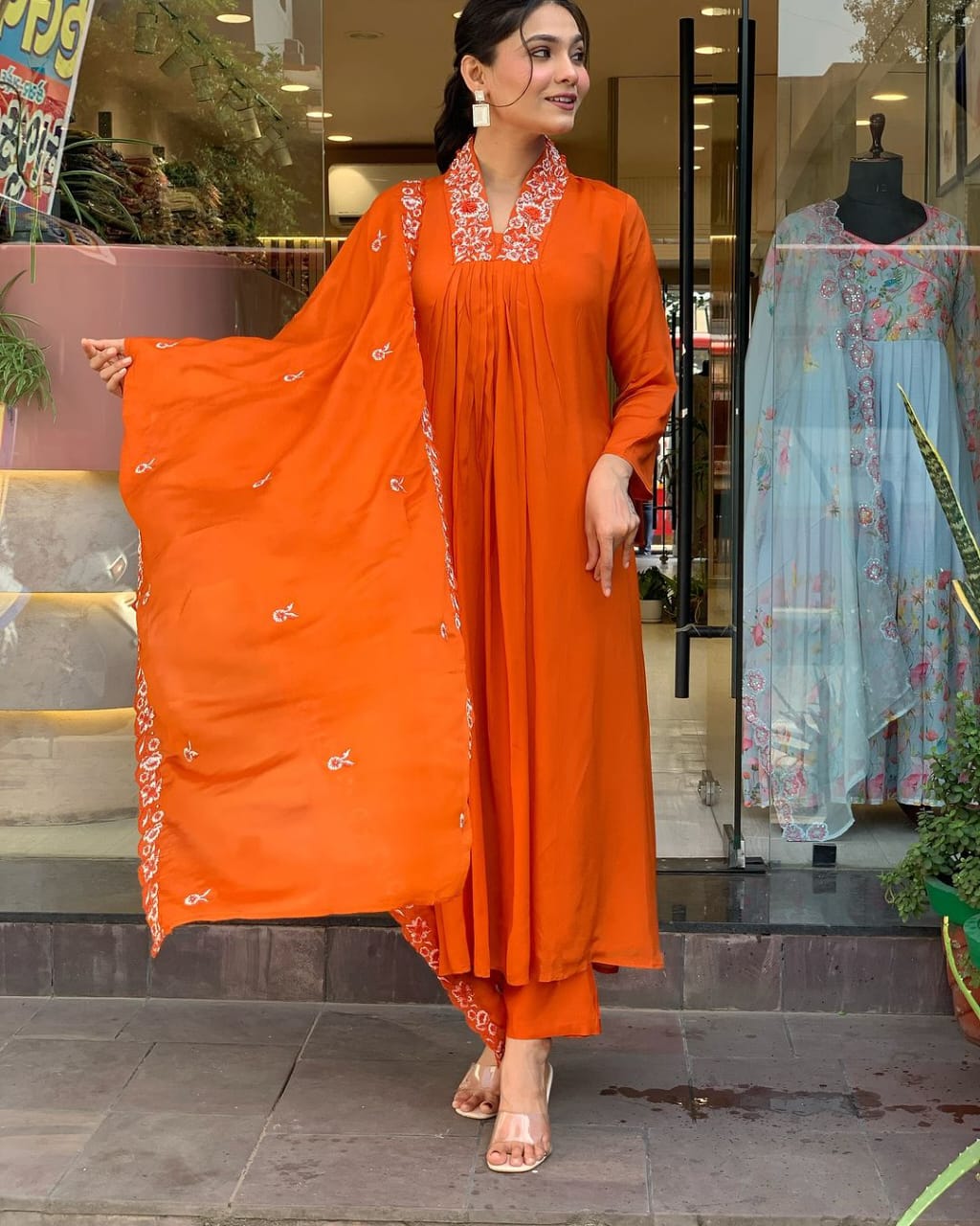 Women Cotton Orange Kurta Pant and Dupatta set