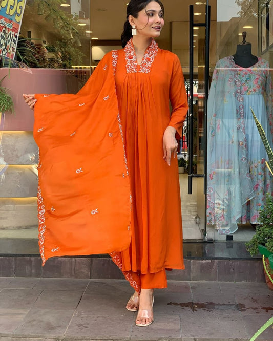 Women Cotton Orange Kurta Pant and Dupatta set