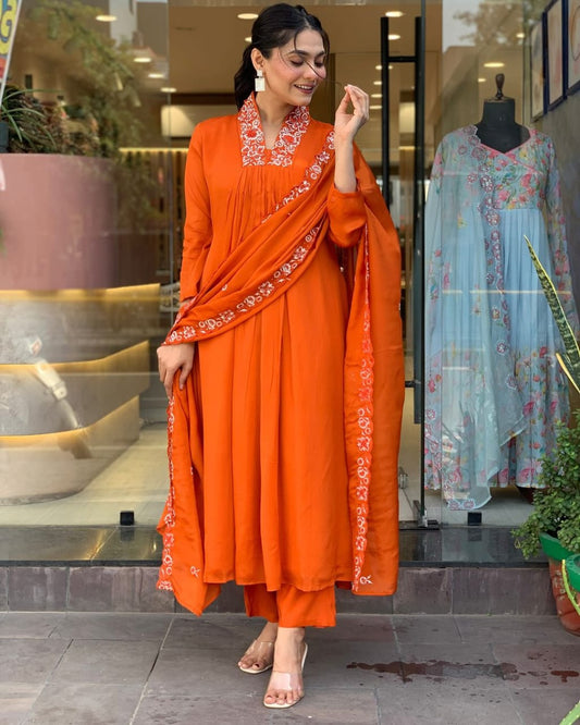 Women Cotton Orange Kurta Pant and Dupatta set