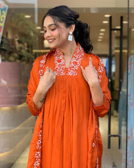 Women Cotton Orange Kurta Pant and Dupatta set