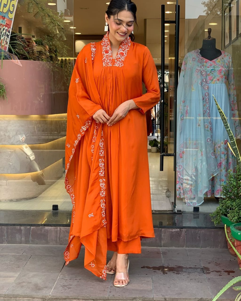 Women Cotton Orange Kurta Pant and Dupatta set