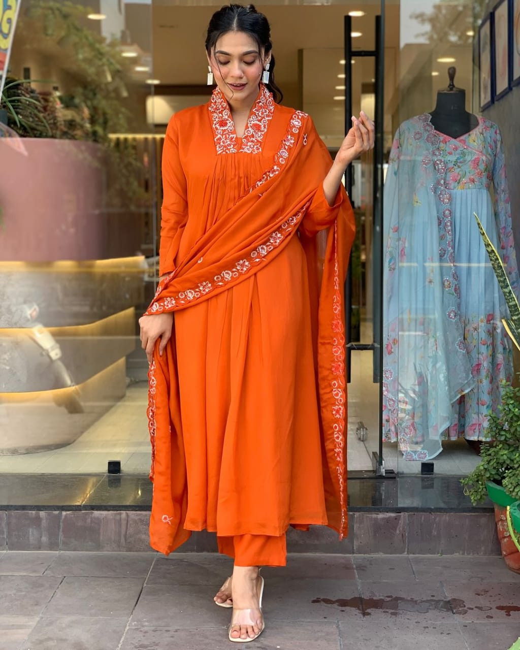 Women Cotton Orange Kurta Pant and Dupatta set