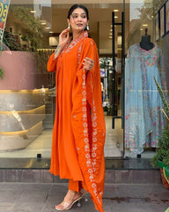 Women Cotton Orange Kurta Pant and Dupatta set