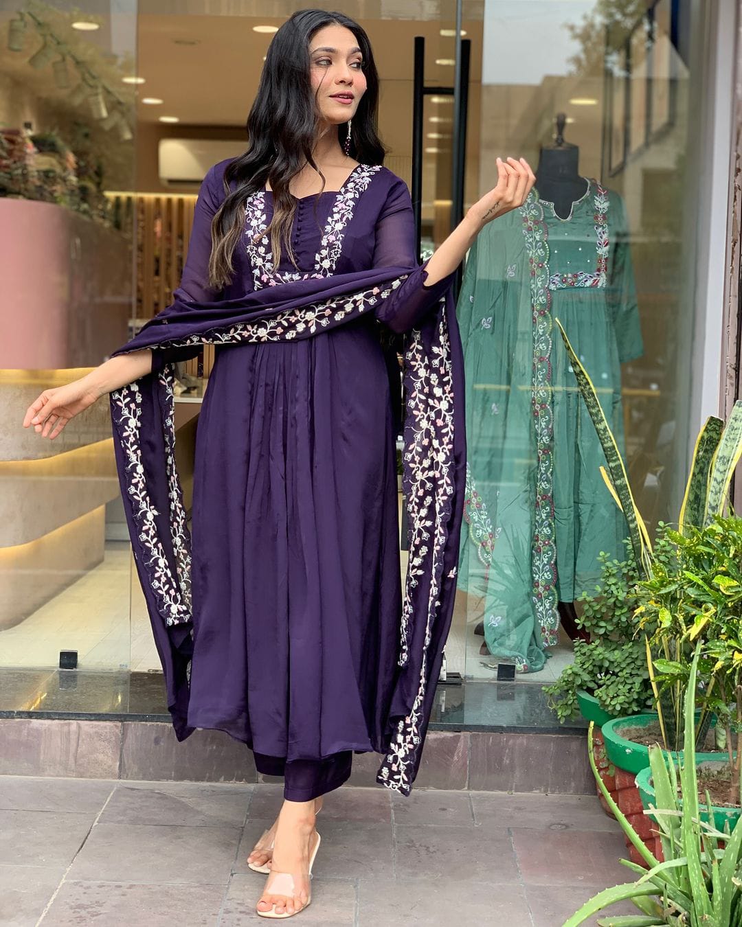 Women Purple Cotton Kurta Pant and Organza Dupatta set