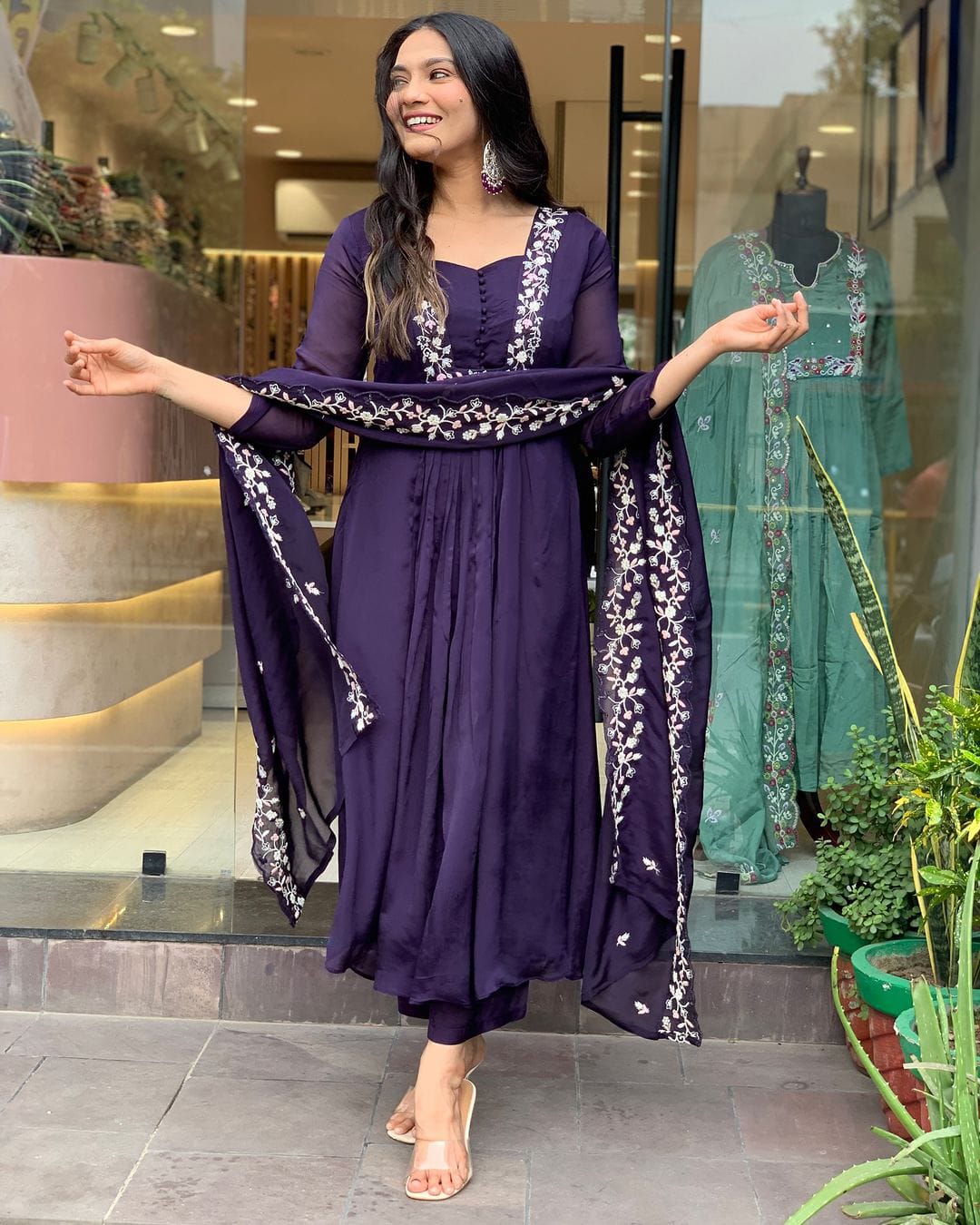 Women Purple Cotton Kurta Pant and Organza Dupatta set