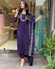 Women Purple Cotton Kurta Pant and Organza Dupatta set
