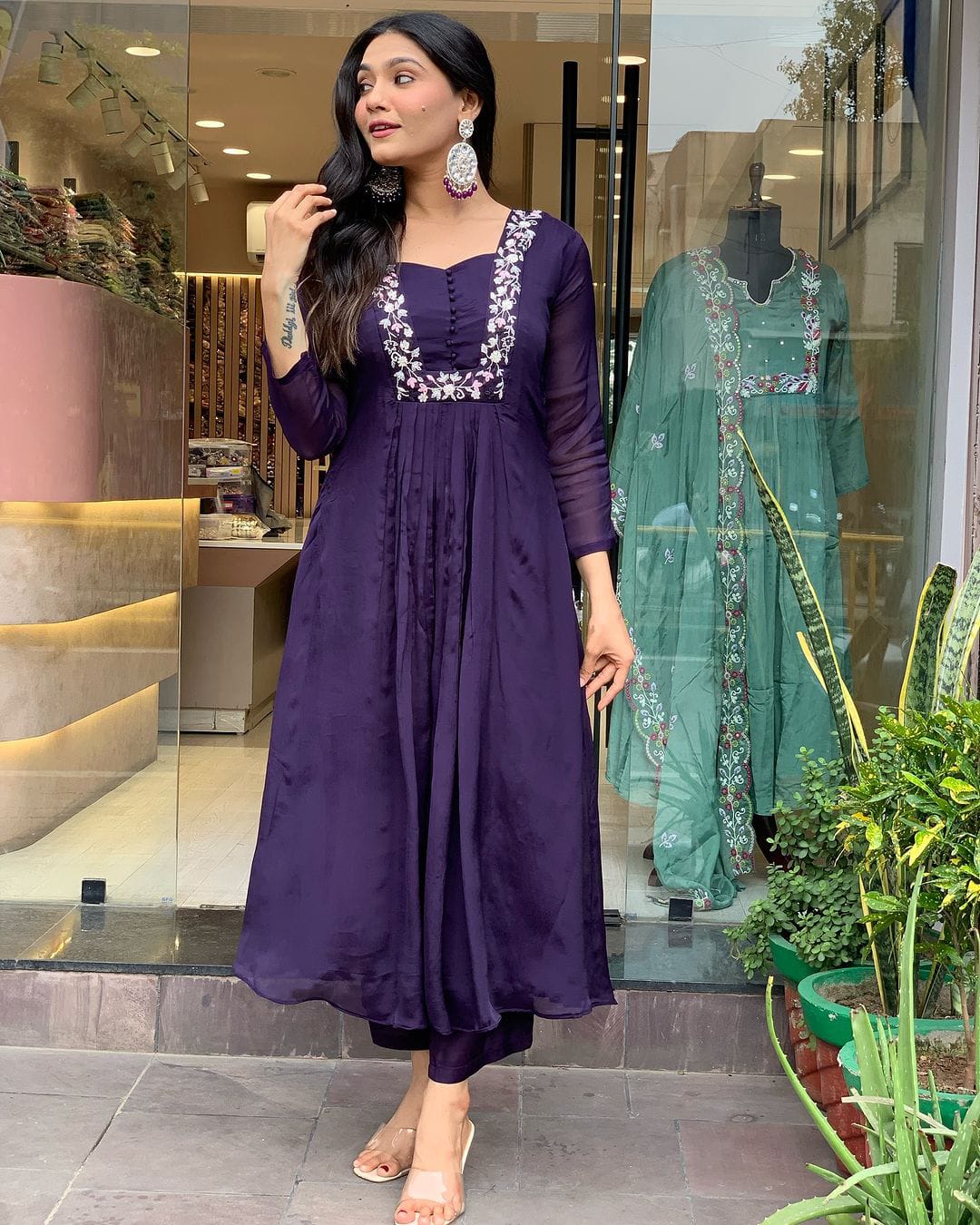 Women Purple Cotton Kurta Pant and Organza Dupatta set