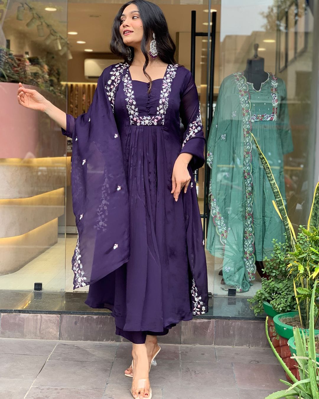 Women Purple Cotton Kurta Pant and Organza Dupatta set