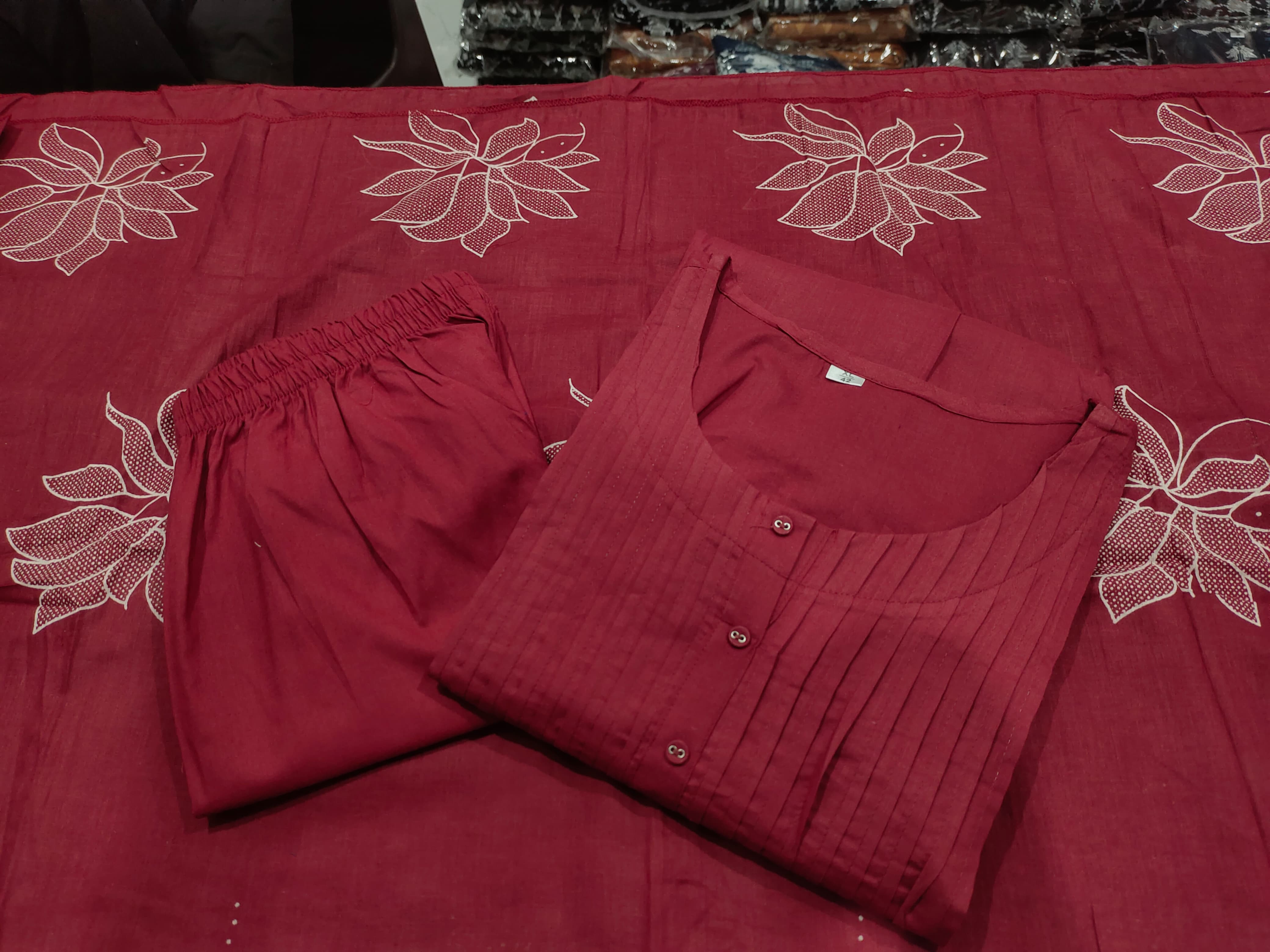 Women Cotton Maroon Kurta Pant and Dupatta set