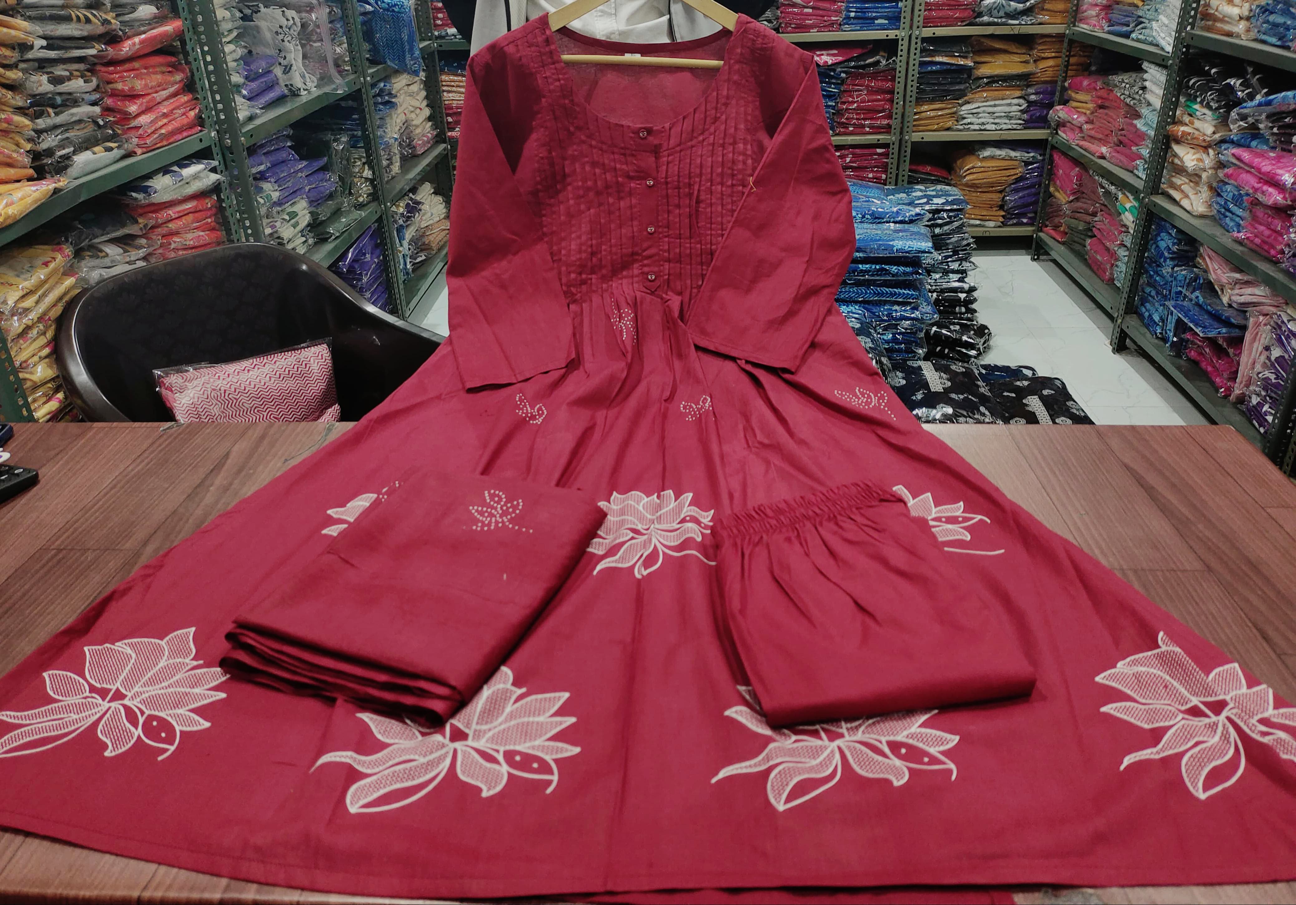 Women Cotton Maroon Kurta Pant and Dupatta set