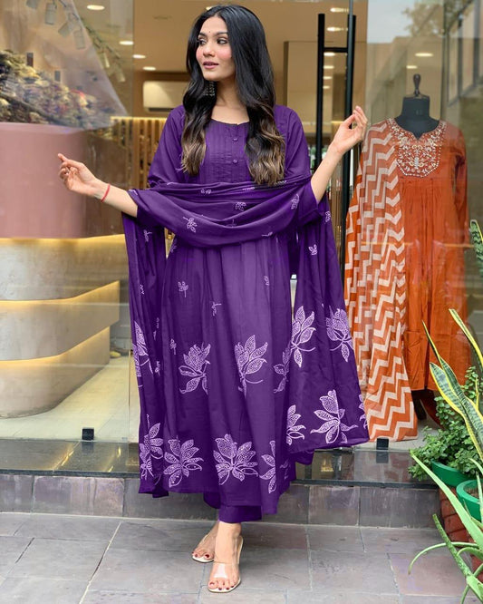 Women Cotton Purple Kurta Pant and Dupatta set