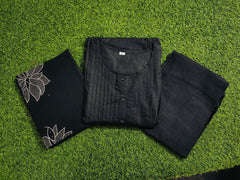 Women Cotton Black Kurta Pant and Dupatta set